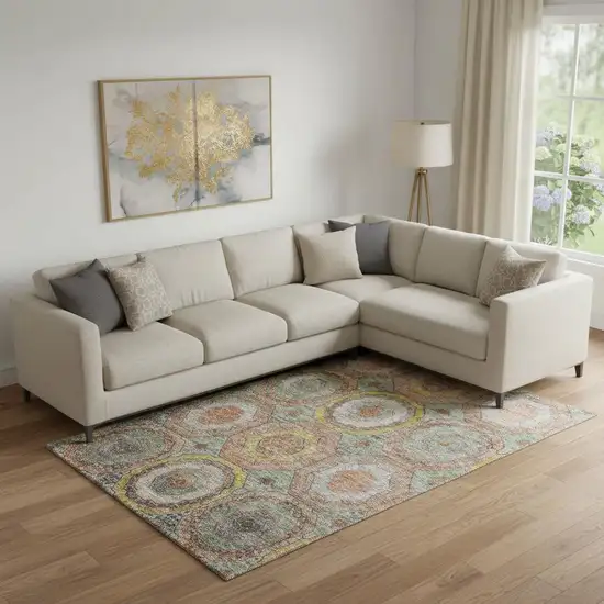 Sage And Gold Geometric Washable Area Rug With UV Protection Photo 2