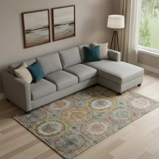 Sage And Gold Geometric Washable Area Rug With UV Protection Photo 2