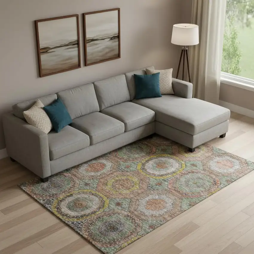 Sage And Gold Geometric Washable Area Rug With UV Protection Photo 2