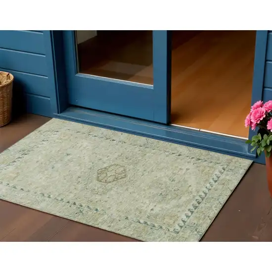 Sage And Gold Medallion Washable Indoor Outdoor Area Rug Photo 1