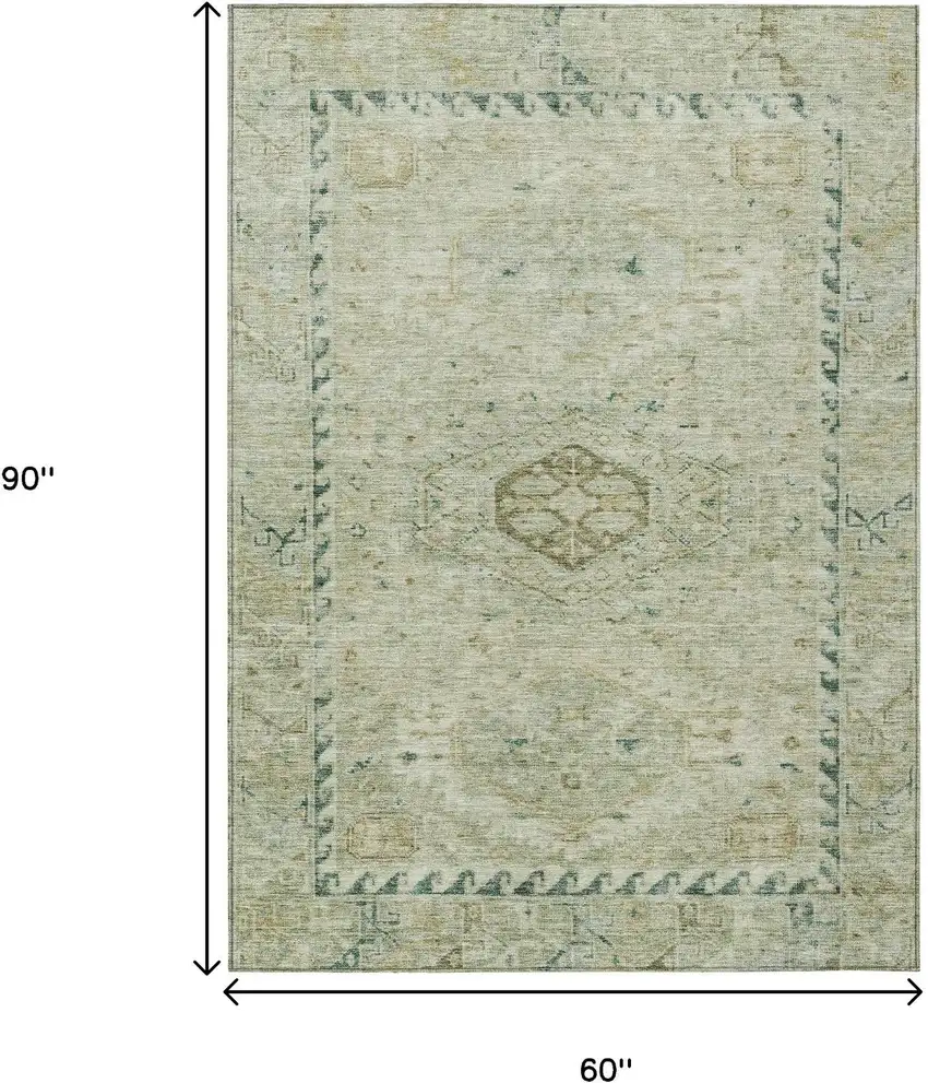 Sage And Gold Medallion Washable Indoor Outdoor Area Rug Photo 3