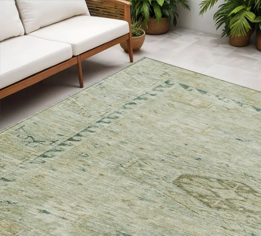 Sage And Gold Medallion Washable Indoor Outdoor Area Rug Photo 1