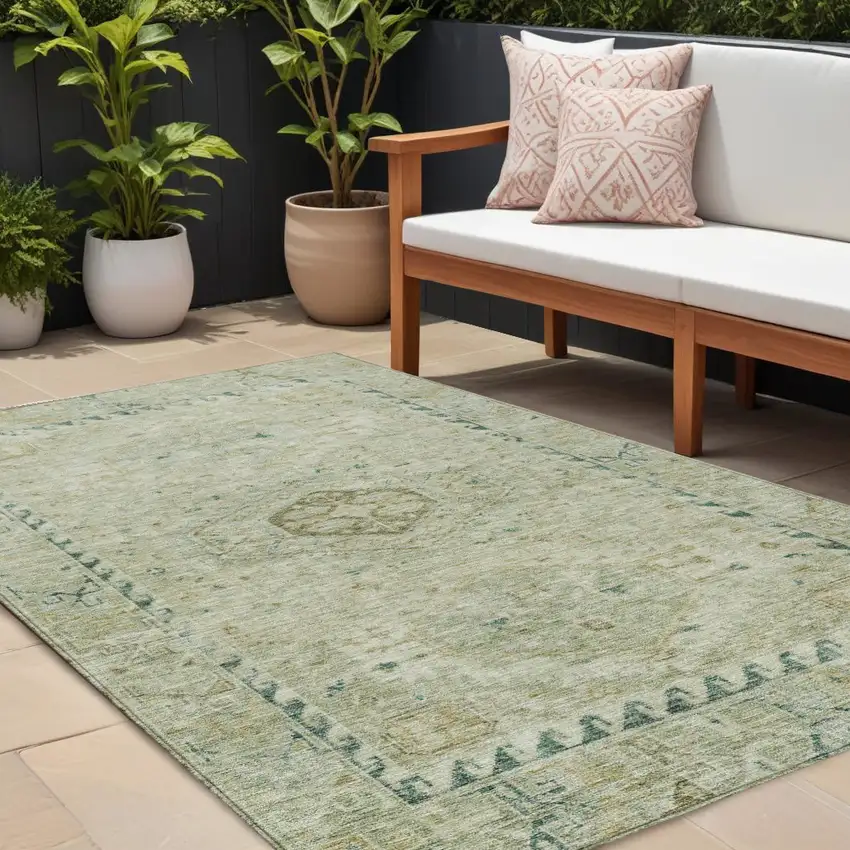 Sage And Gold Medallion Washable Indoor Outdoor Area Rug Photo 1