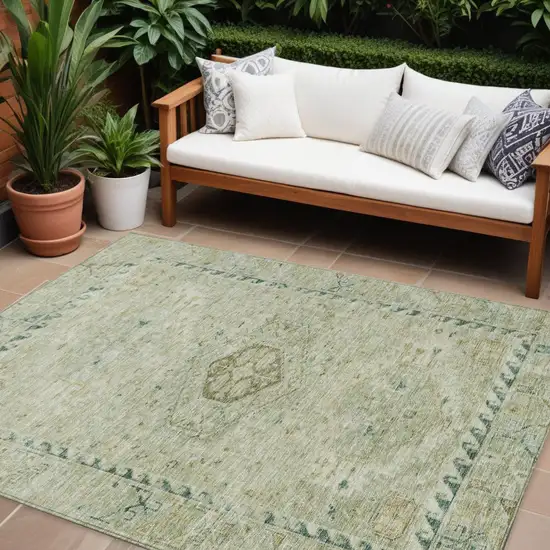Sage And Gold Medallion Washable Indoor Outdoor Area Rug Photo 1