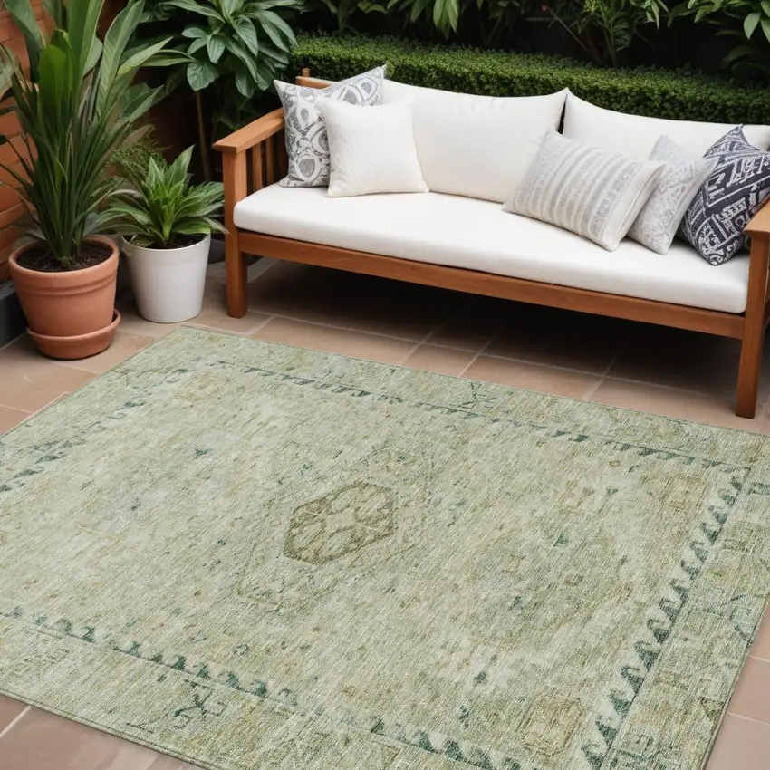 Sage And Gold Medallion Washable Indoor Outdoor Area Rug Photo 1