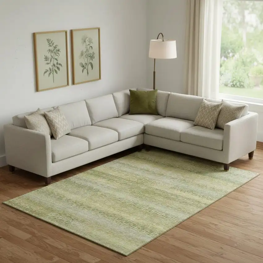 Sage And Gold Striped Washable Area Rug With UV Protection Photo 2