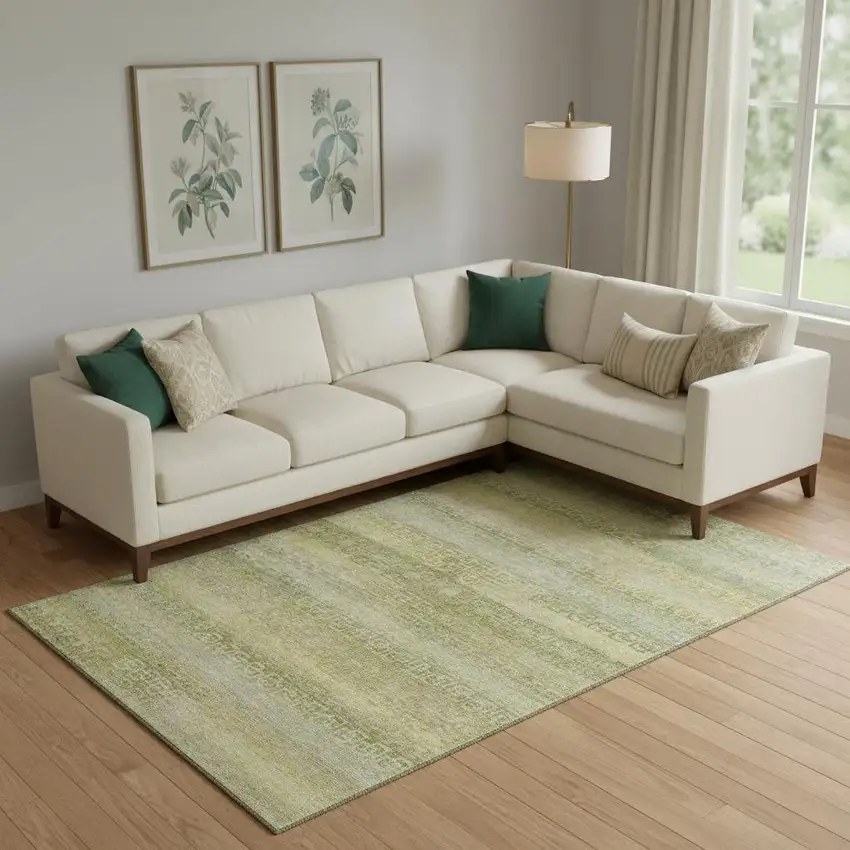 Sage And Gold Striped Washable Area Rug With UV Protection Photo 2