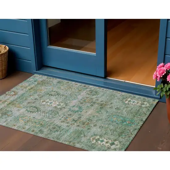 Sage And Gold Tribal Washable Indoor Outdoor Area Rug Photo 2