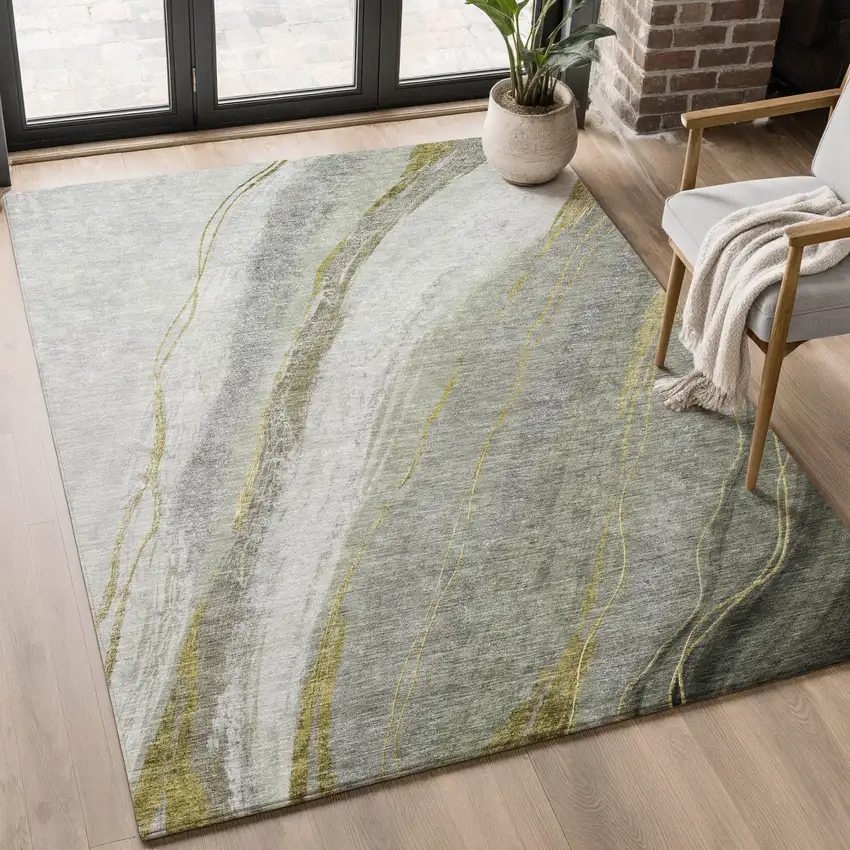 Sage And Gray Abstract Washable Area Rug With UV Protection Photo 5