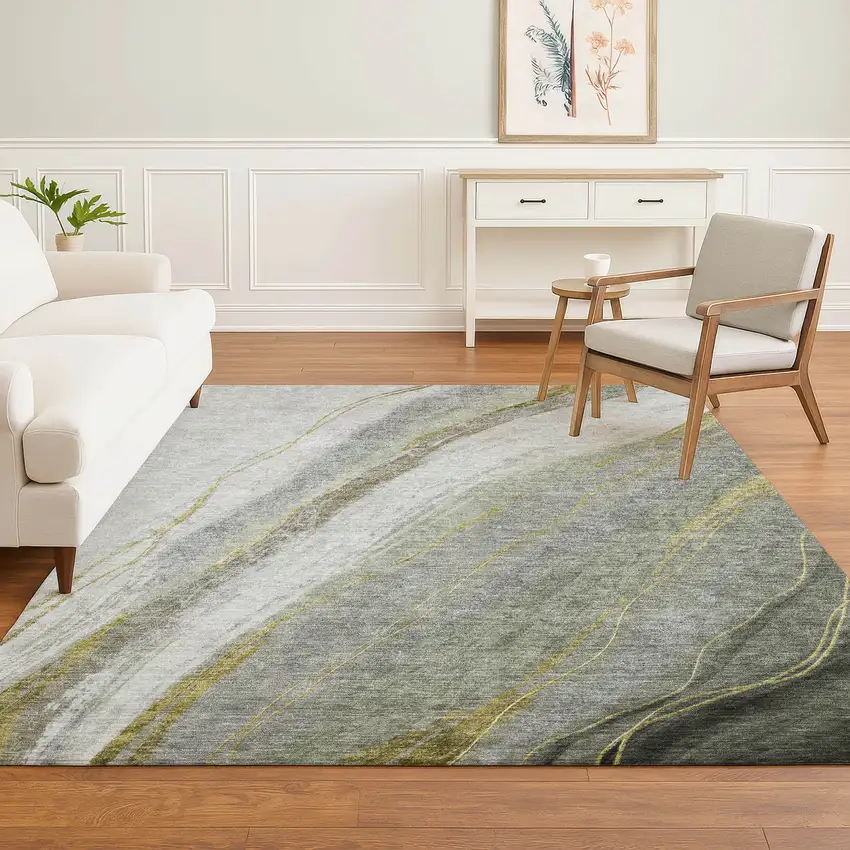 Sage And Gray Abstract Washable Area Rug With UV Protection Photo 6