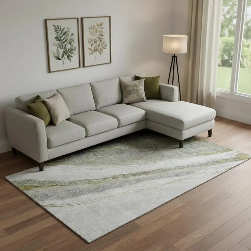 Sage And Gray Abstract Washable Area Rug With UV Protection Photo 2