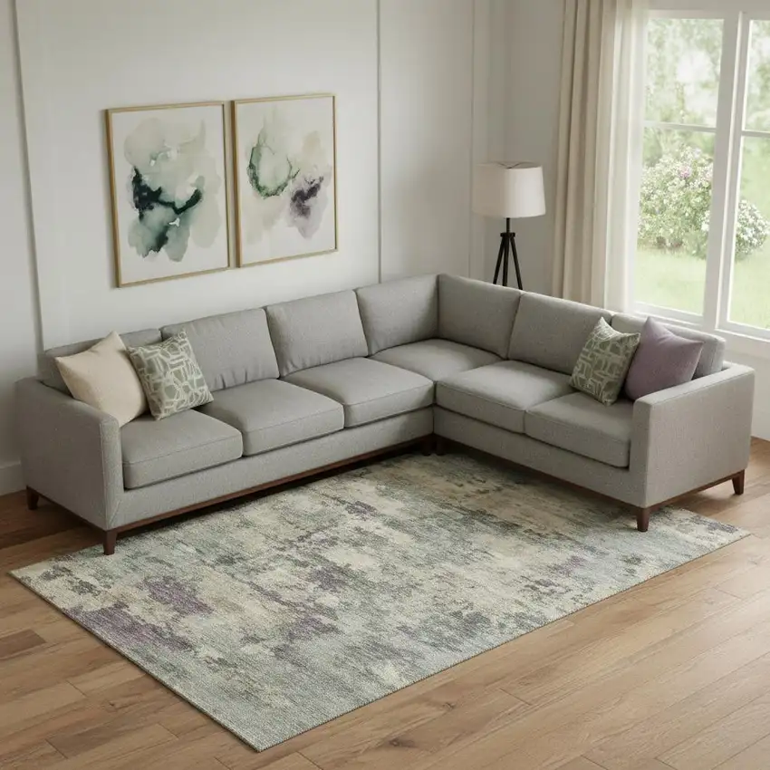 Sage And Gray Abstract Washable Area Rug With UV Protection Photo 2