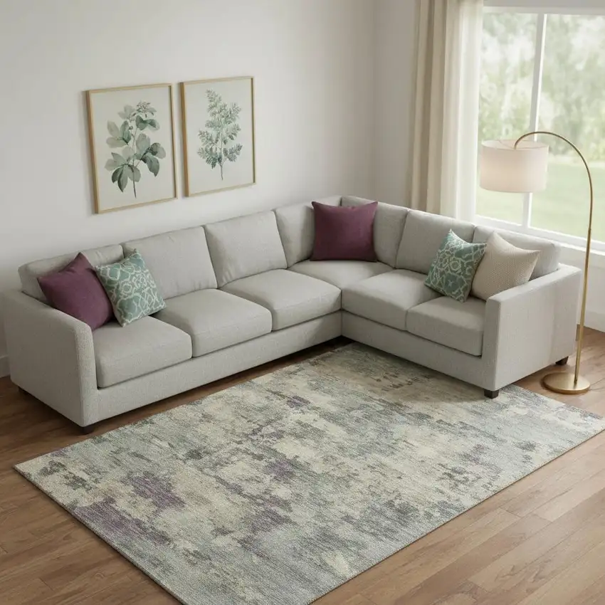 Sage And Gray Abstract Washable Area Rug With UV Protection Photo 2