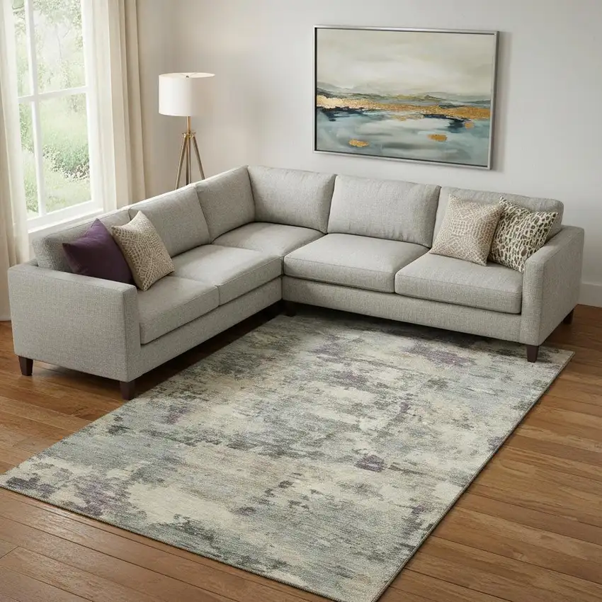 Sage And Gray Abstract Washable Area Rug With UV Protection Photo 2