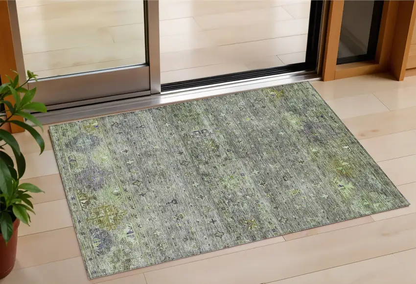 Sage And Gray Floral Washable Indoor Outdoor Area Rug Photo 1