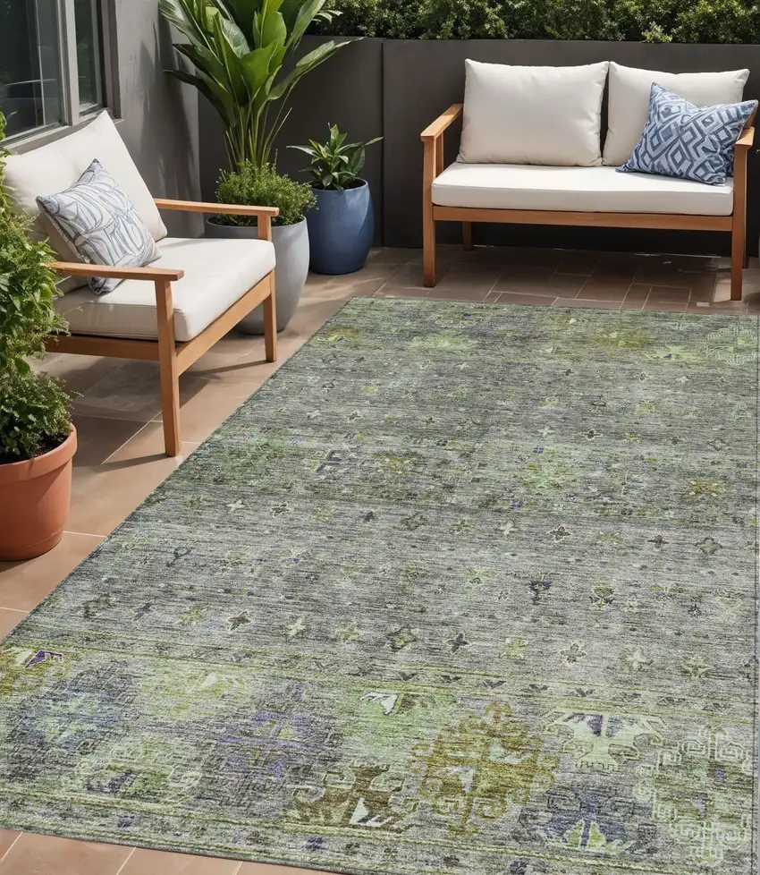 Sage And Gray Floral Washable Indoor Outdoor Area Rug Photo 1