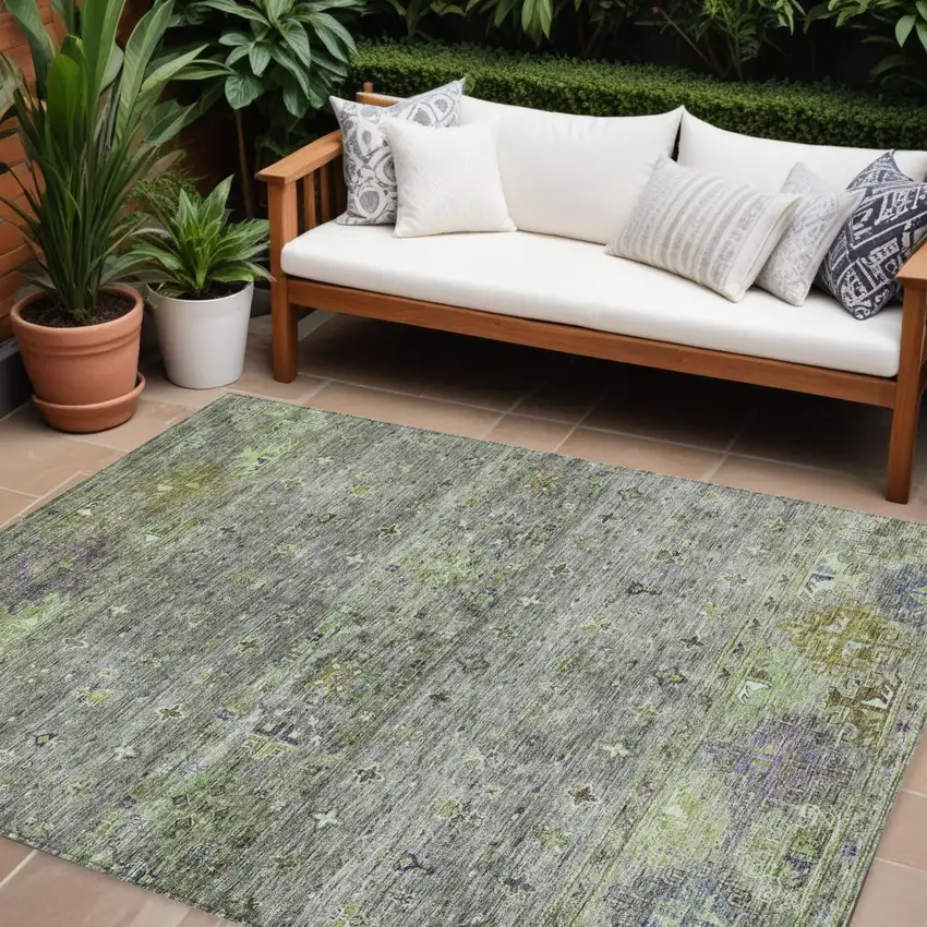 Sage And Gray Floral Washable Indoor Outdoor Area Rug Photo 1