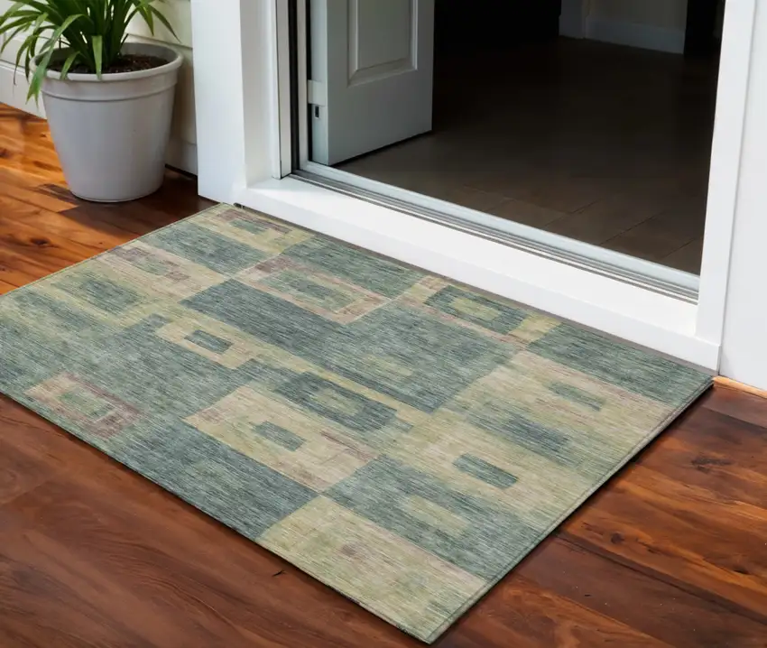 Sage And Gray Geometric Washable Indoor Outdoor Area Rug Photo 1