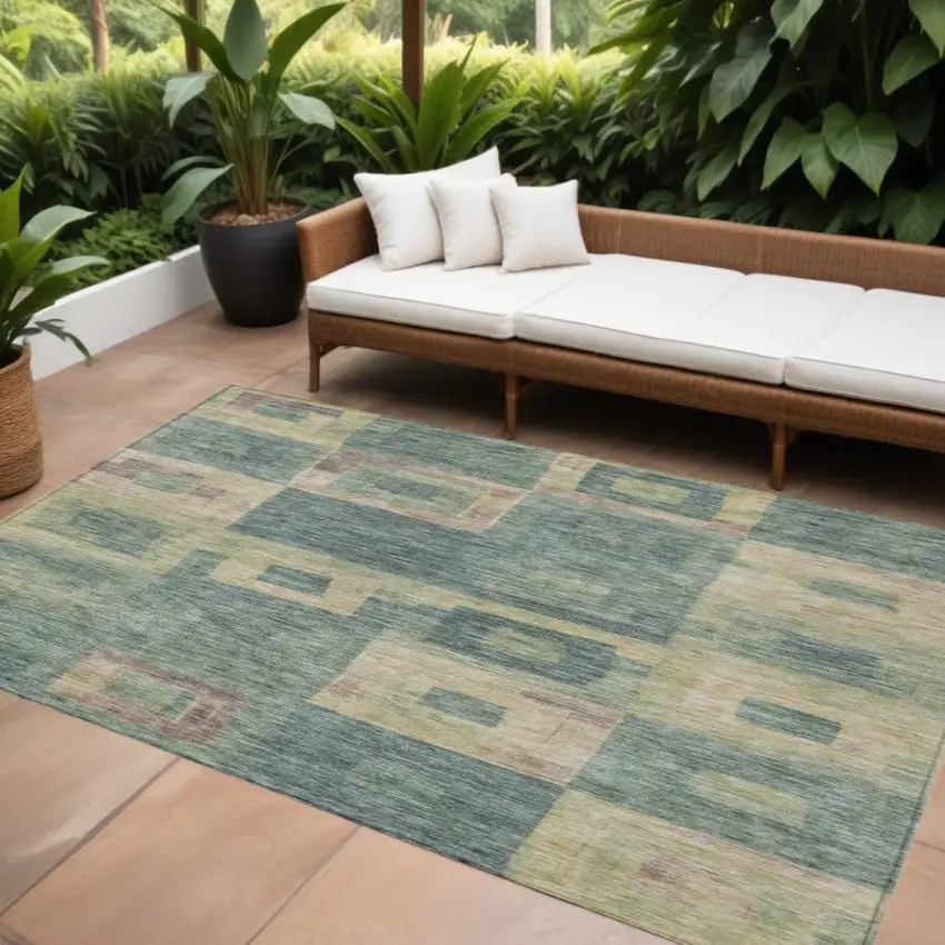 Sage And Gray Geometric Washable Indoor Outdoor Area Rug Photo 1
