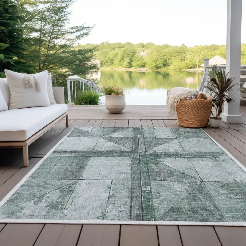 Sage And Gray Geometric Washable Indoor Outdoor Area Rug Photo 4