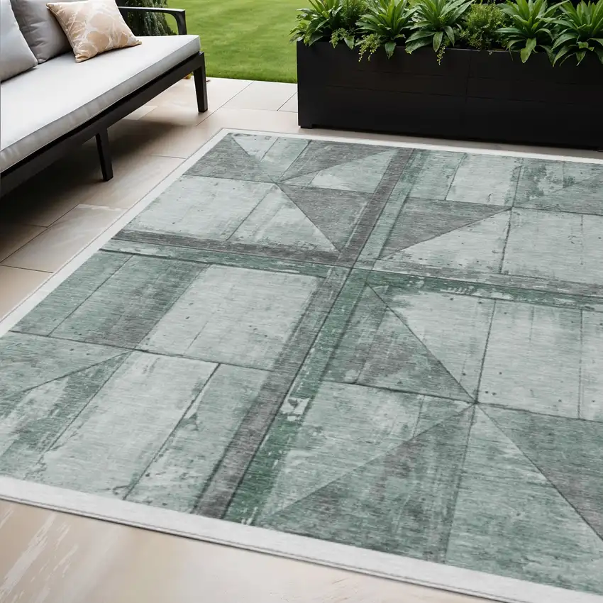 Sage And Gray Geometric Washable Indoor Outdoor Area Rug Photo 2