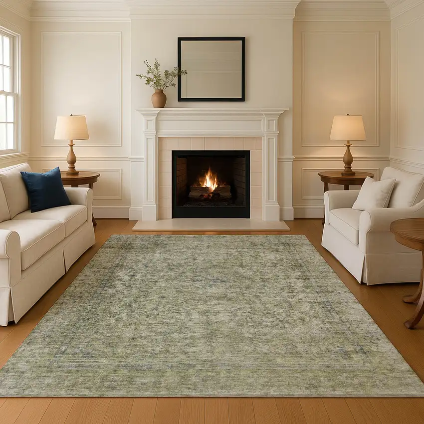 Sage And Gray Oriental Washable Area Rug With UV Protection Photo 2