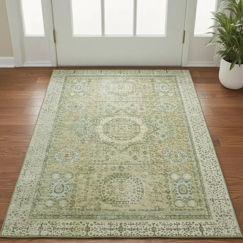 Sage And Gray Oriental Washable Area Rug With UV Protection Photo 2
