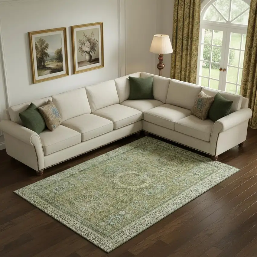 Sage And Gray Oriental Washable Area Rug With UV Protection Photo 2