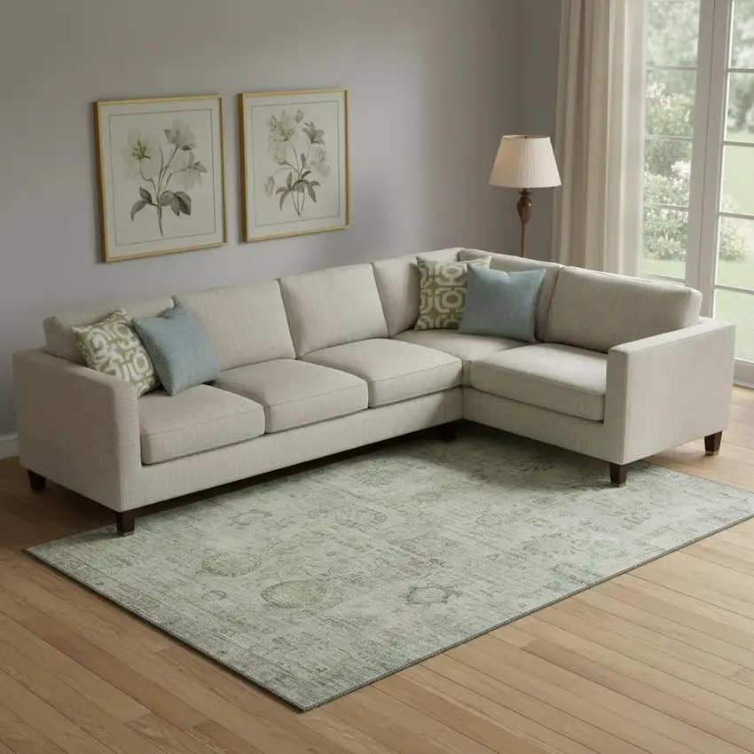 Sage And Gray Oriental Washable Area Rug With UV Protection Photo 2