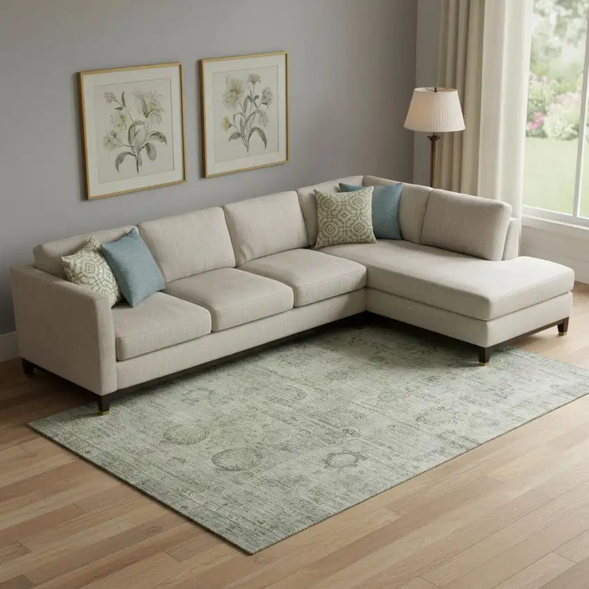 Sage And Gray Oriental Washable Area Rug With UV Protection Photo 2