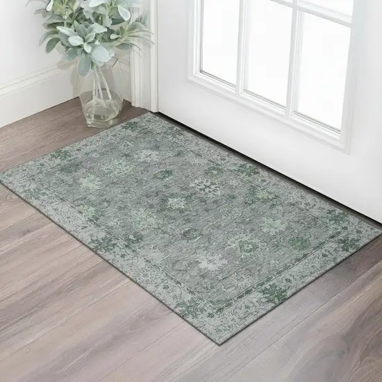 Sage And Gray Oriental Washable Area Rug With UV Protection Photo 1