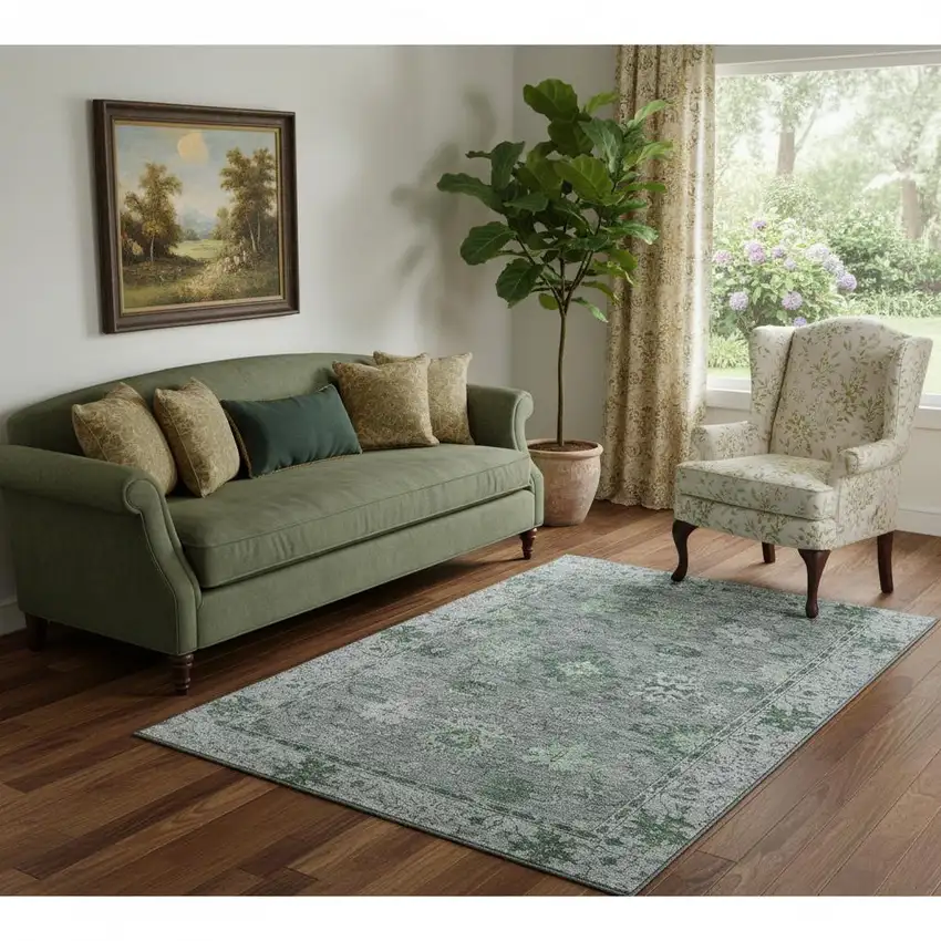 Sage And Gray Oriental Washable Area Rug With UV Protection Photo 2