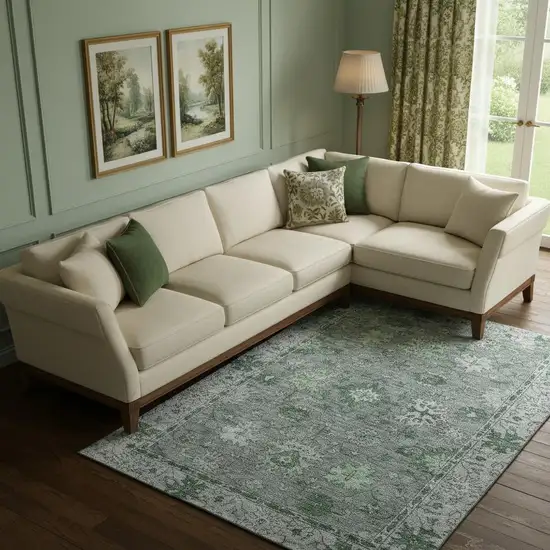 Sage And Gray Oriental Washable Area Rug With UV Protection Photo 2