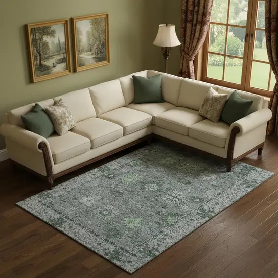 Sage And Gray Oriental Washable Area Rug With UV Protection Photo 2