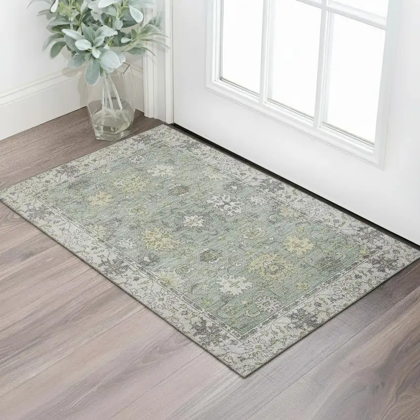 Sage And Gray Oriental Washable Area Rug With UV Protection Photo 2
