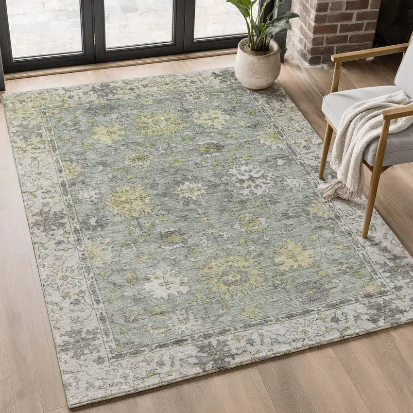 Sage And Gray Oriental Washable Area Rug With UV Protection Photo 5