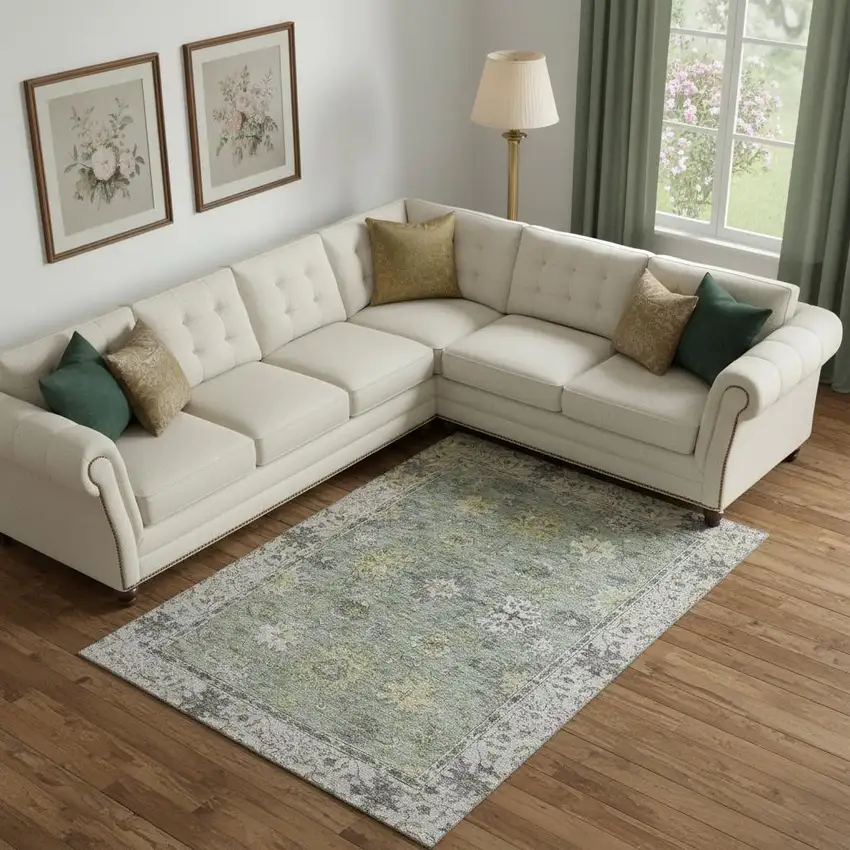 Sage And Gray Oriental Washable Area Rug With UV Protection Photo 2