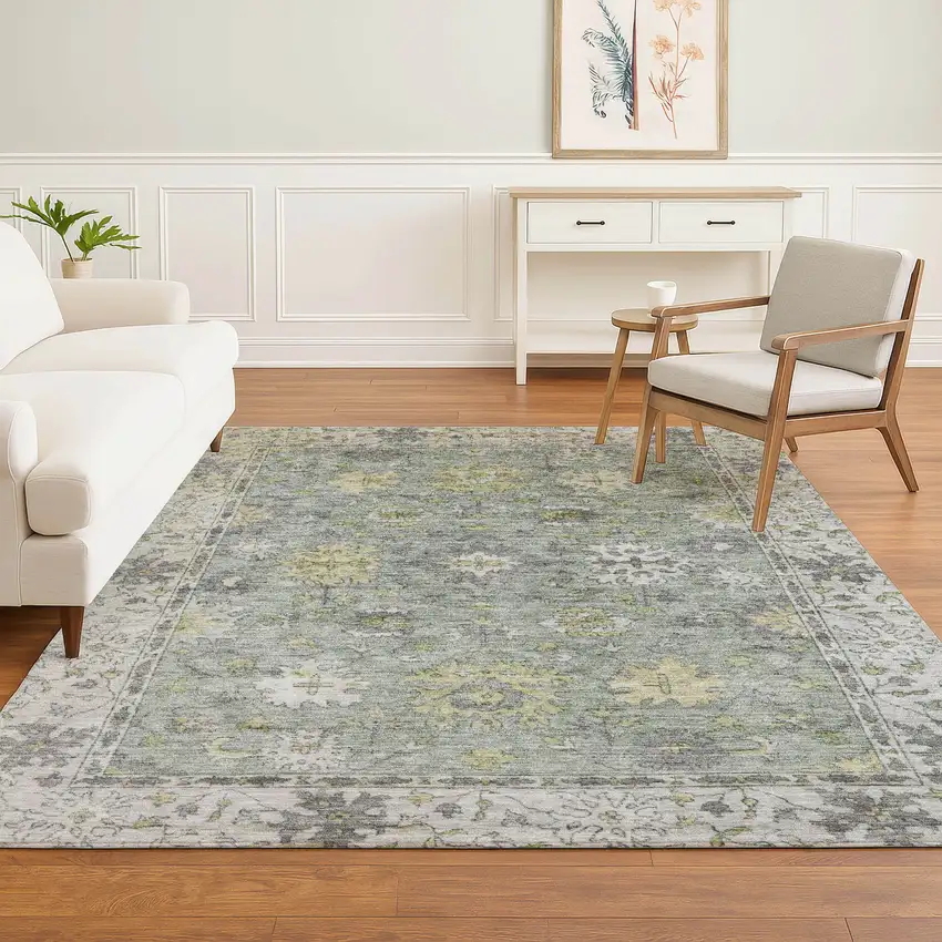 Sage And Gray Oriental Washable Area Rug With UV Protection Photo 6