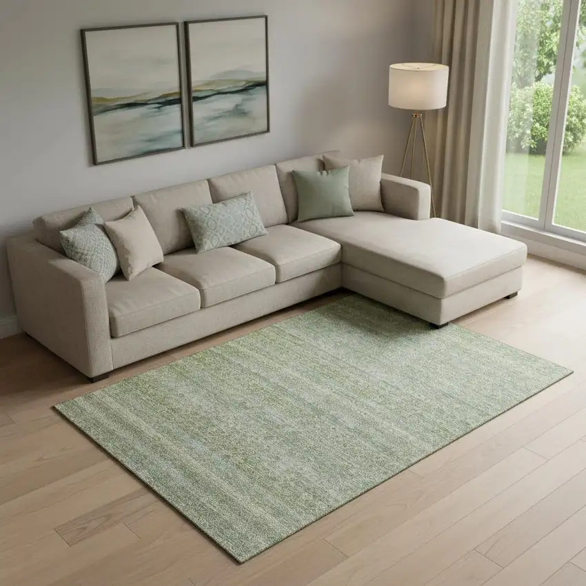 Sage And Gray Striped Washable Area Rug With UV Protection Photo 2