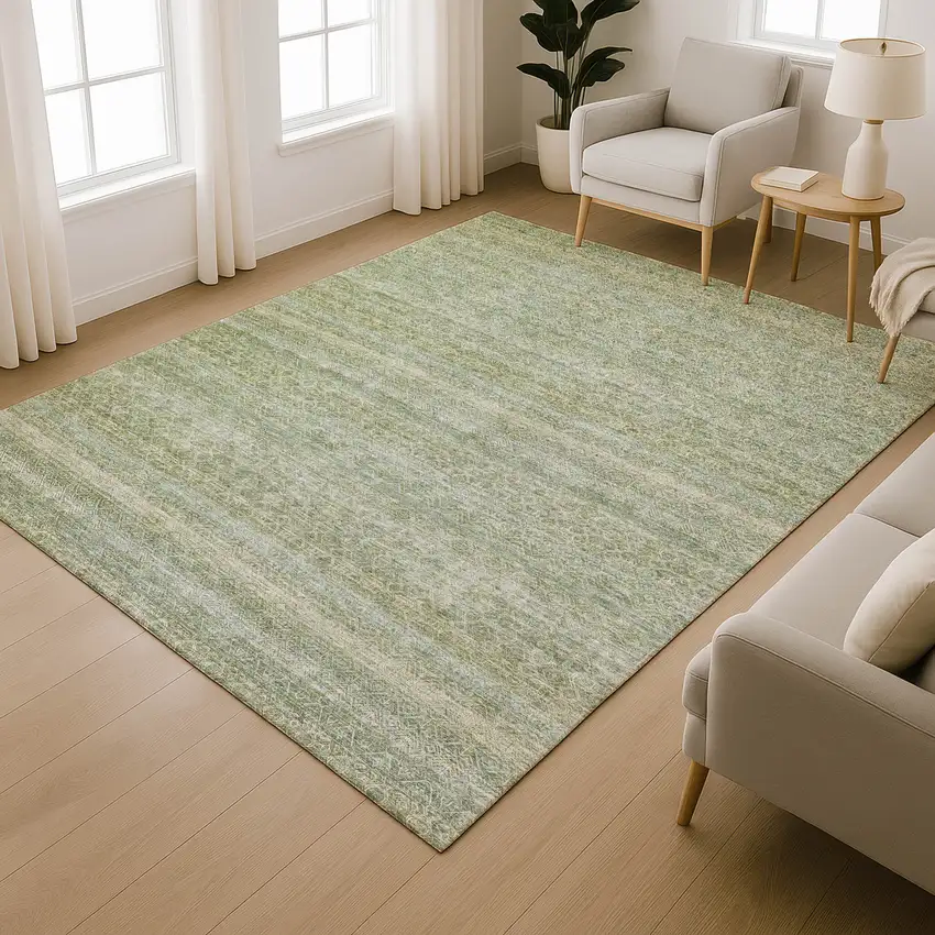 Sage And Gray Striped Washable Area Rug With UV Protection Photo 6
