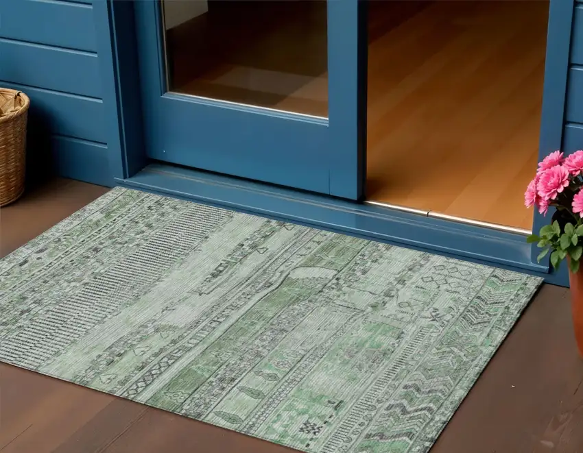 Sage And Gray Striped Washable Indoor Outdoor Area Rug Photo 2