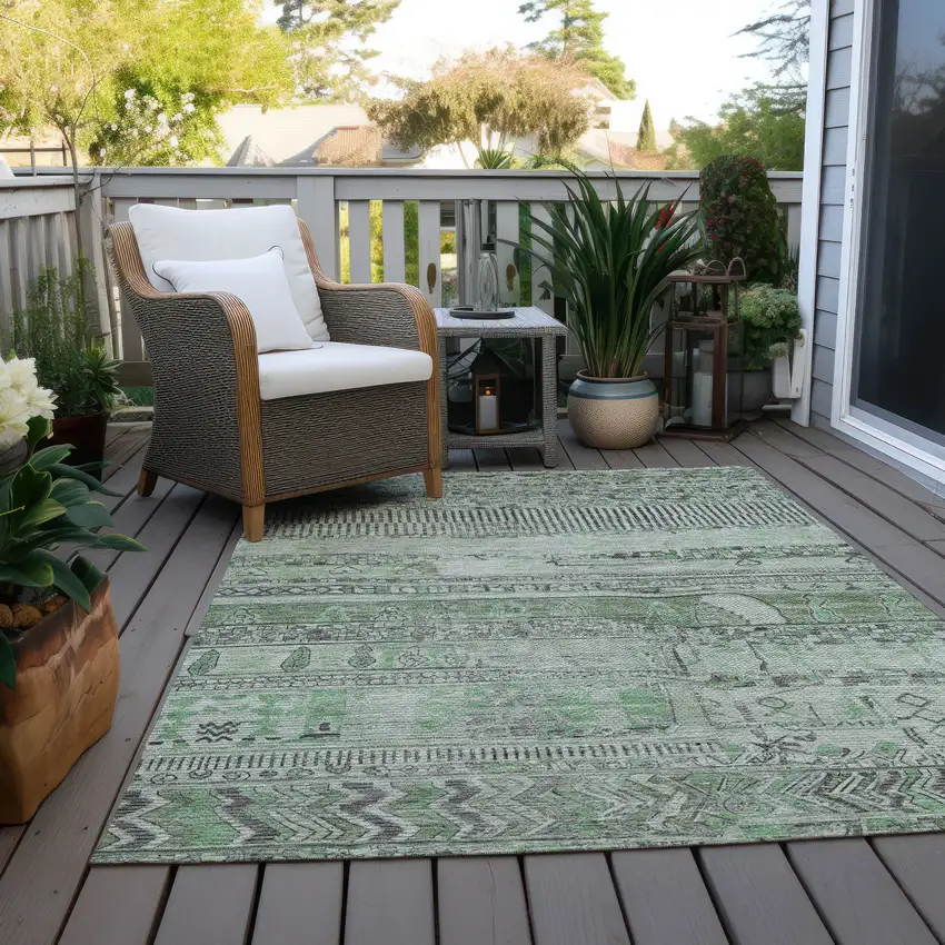 Sage And Gray Striped Washable Indoor Outdoor Area Rug Photo 8