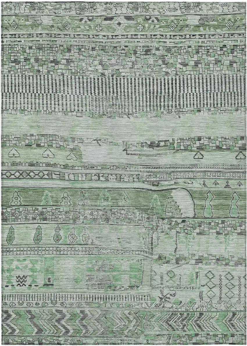 Sage And Gray Striped Washable Indoor Outdoor Area Rug Photo 1