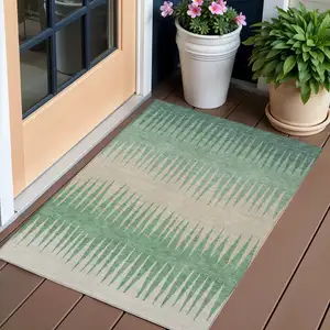Photo of Sage And Gray Striped Washable Indoor Outdoor Area Rug