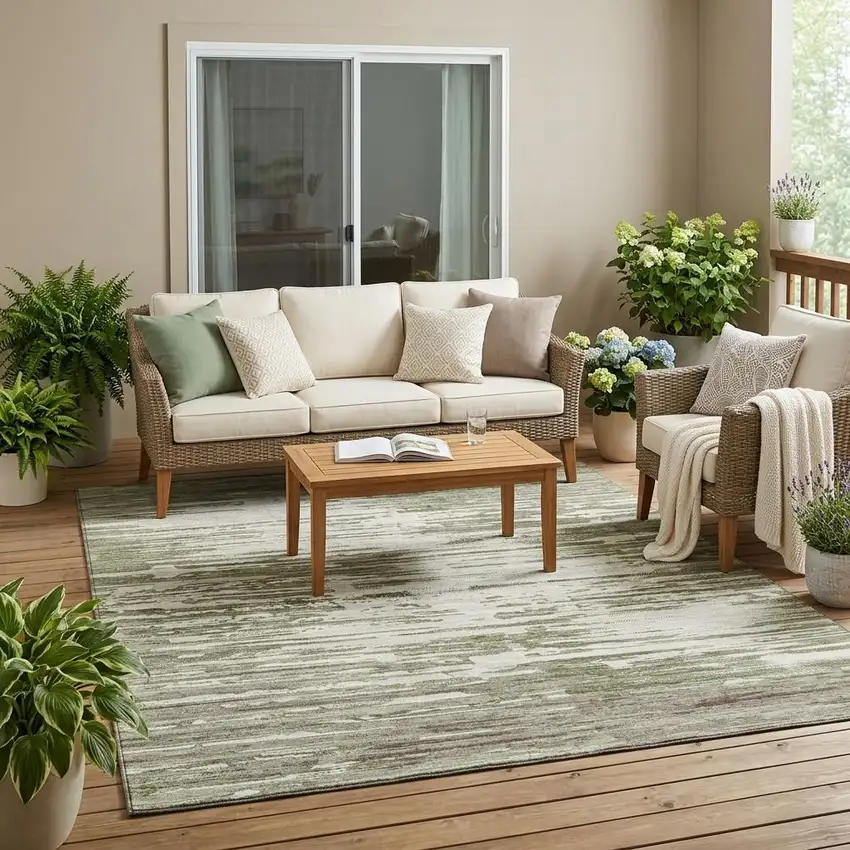 Sage And Green Abstract Washable Indoor Outdoor Area Rug Photo 1