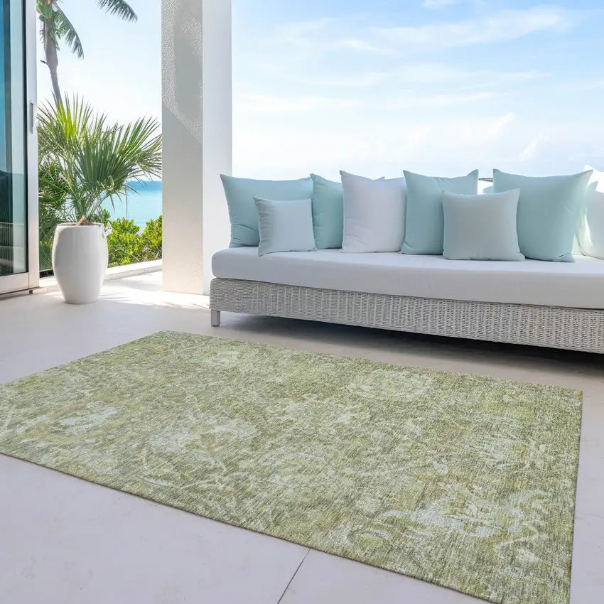 Sage And Green Damask Washable Indoor Outdoor Area Rug Photo 6