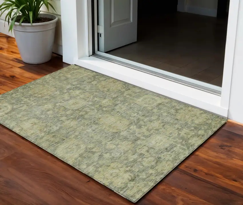 Sage And Green Damask Washable Indoor Outdoor Area Rug Photo 1