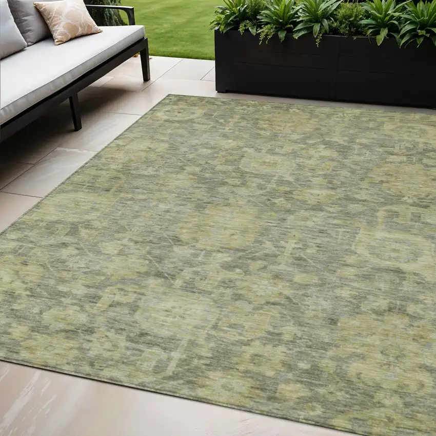 Sage And Green Damask Washable Indoor Outdoor Area Rug Photo 1