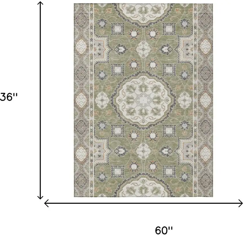 Sage And Green Floral Medallion Washable Indoor Outdoor Area Rug Photo 6