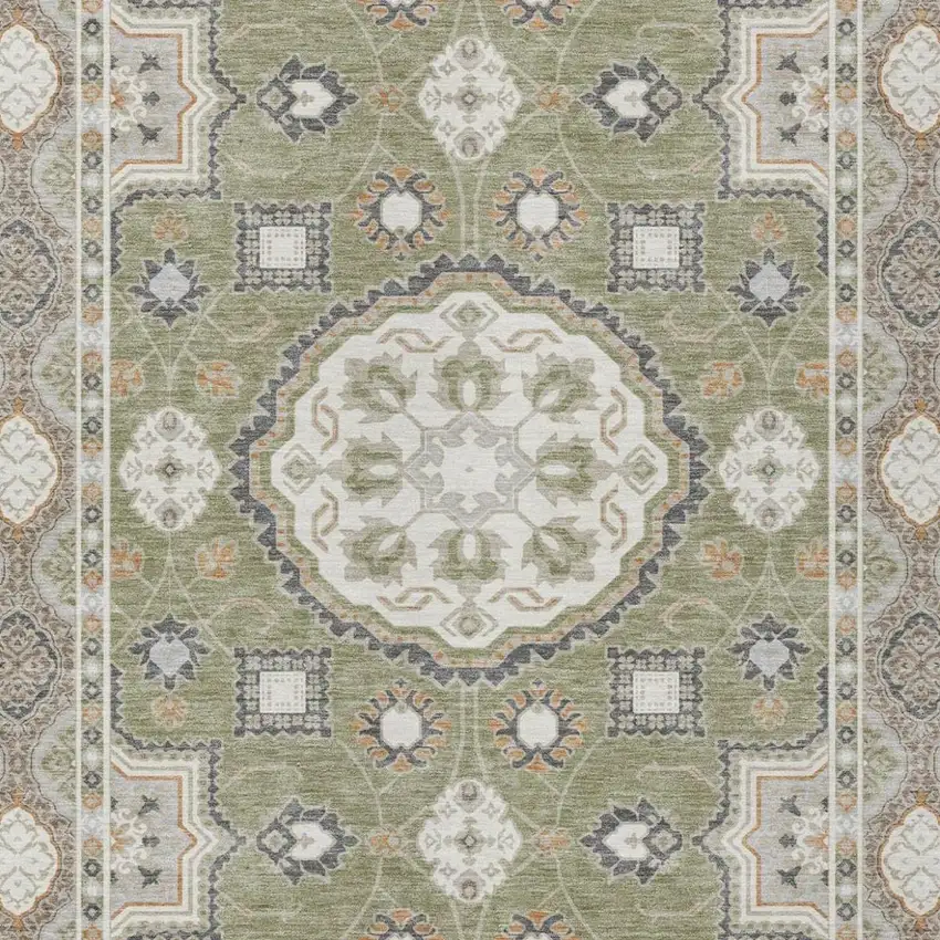 Sage And Green Floral Medallion Washable Indoor Outdoor Area Rug Photo 3